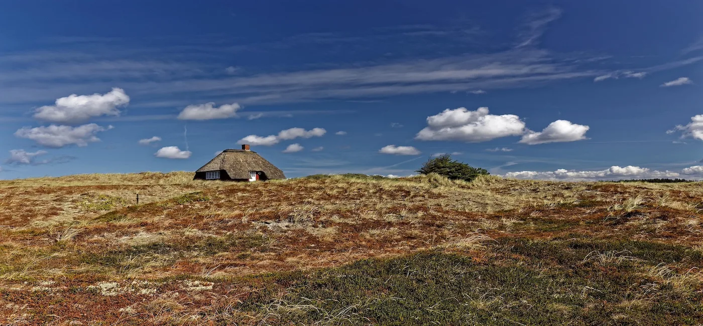 Sommerhus med stråtag placeret i klitterne